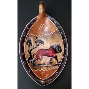 African Kenya Art Pottery Carved Soapstone Oval/Leaf Trinket Dish Lion Trees SEE